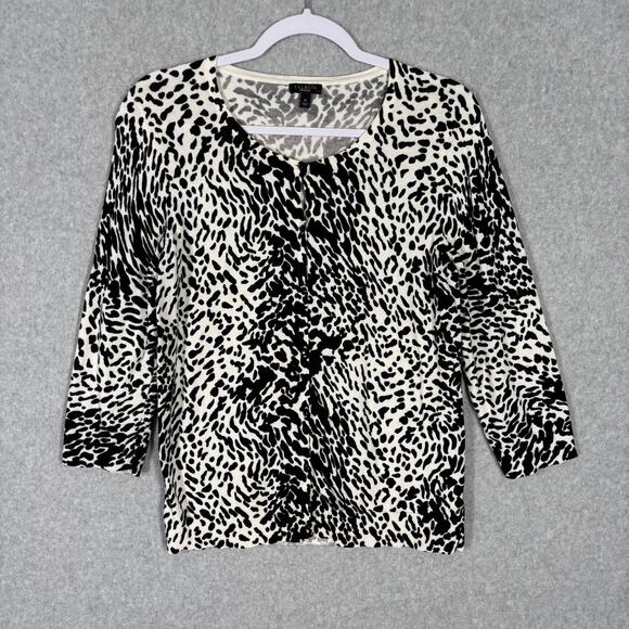 Talbots Cardigan Sweater Womens Medium Black White Animal Thin Button Career‎ - Picture 1 of 12